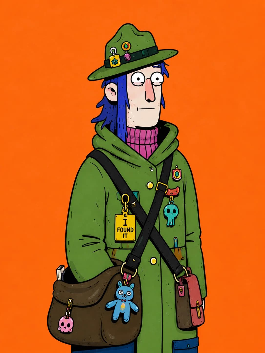 Lost-and-Found Ranger covered in found keychains, on an orange background
