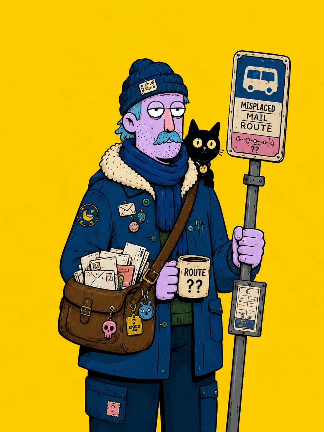 Misplaced Mail Oracle at his route sign with a bag of letters and a black cat, on a yellow background