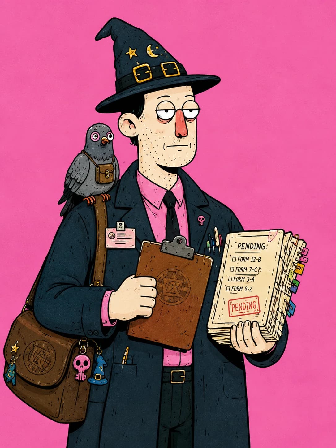 Permit Warlock with a pigeon courier and a stack of pending forms, on a pink background