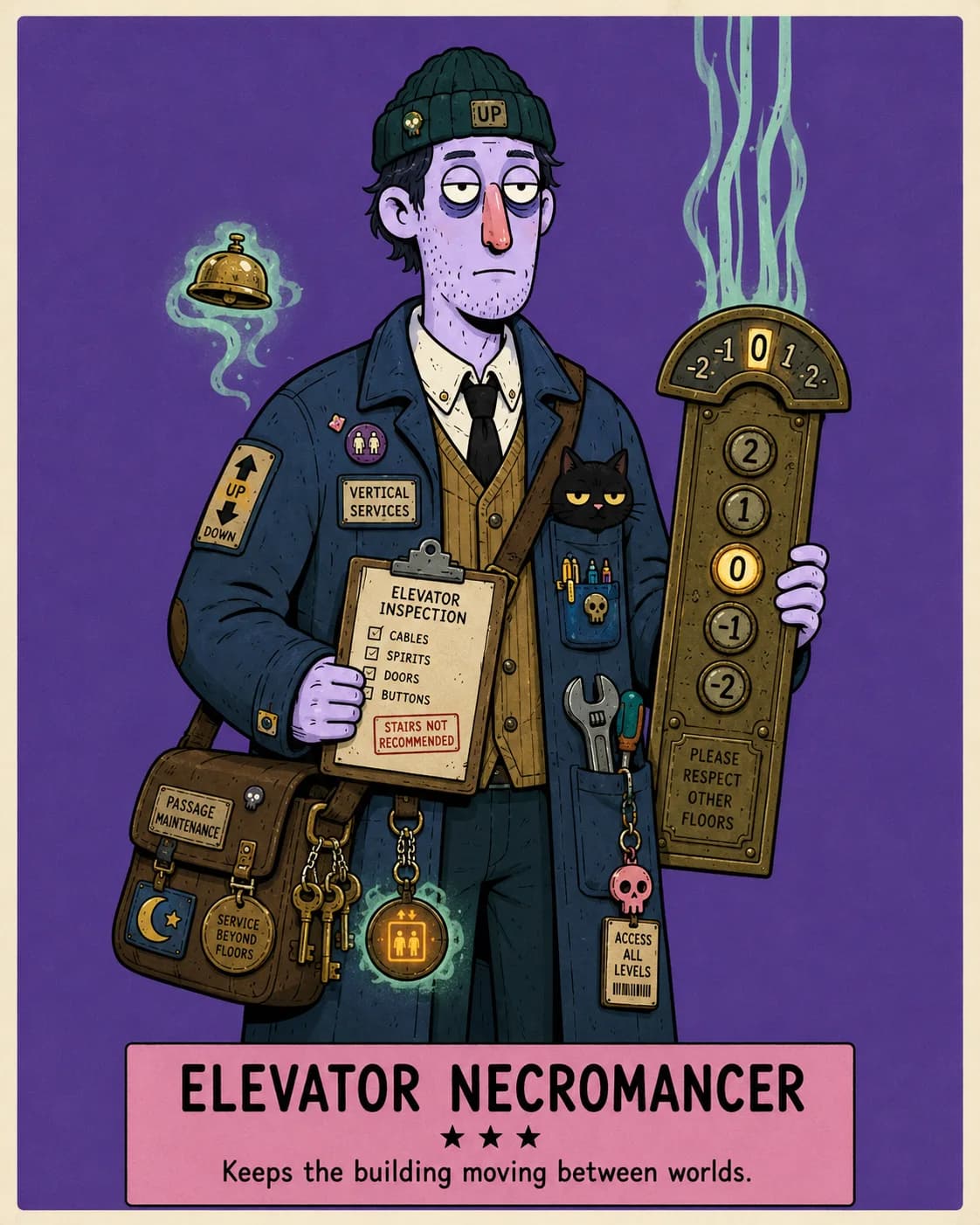 Elevator Necromancer holding a haunted elevator panel, black cat tucked in coat